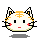 Pixel art cat face with orange stripes, red cheeks, and black eyes in four expressions: two open-eyed, one winking left, one winking right; some frames show a small red star above the head.
