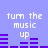 Pixelated text 'turn the music up' appears above purple audio equalizer bars on a light blue background, with variations in bar height across four repeated sections.