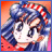 Pixelated anime-style character with blue hair and red accents, wearing a red and white checkered headband, against a gradient background transitioning from orange to pink.
