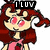 Pixelated cartoon character with long red hair, pink cheeks, and a pink dress, shown in two side-by-side frames with text above and below.