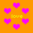 Pixelated orange background with scattered pink hearts and yellow 'love' text in multiple locations.