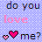 Pixelated text and heart icons on a light blue checkered background, with 'do you' at top, 'love' in middle, two pink hearts below left, and 'me?' at bottom right.