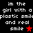 Black background with white pixelated text repeating 'im the girl with a plastic smile and real smile' across two , each ending in a red star symbol