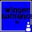 Blue background with 'winter romance' text, a small heart symbol, and white snowman icon in four positions