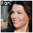 A four- shows a woman with brown hair smiling, wearing dark clothing against a blurred background; the top-left has 'Fan' text in white on black