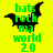 Green text 'bats rock ma world 20' over black bat silhouette on yellow background, with three distinct bat poses across frames.