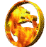 Golden circular icon with stylized dragon head in flame pattern, rotating through multiple angles against gray background.