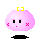 Pixelated pink blob character with yellow bow, black oval base, and red X cheeks in six expressions: neutral, squinting, surprised, open-mouthed, exclamation mark.