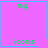 Four identical pink with cyan borders display green text reading 'my icons' and small symbols in the bottom-right corner of two