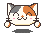 Pixelated cat face with calico coloring, four distinct expressions across two , each with a dark gray shadow beneath