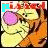 Animated sequence of a cartoon tiger with pink eyes and orange stripes, wearing a yellow outfit, with changing blue letters above its head.