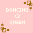 Pixelated icon with pink background, brown square patterns at corners, and white text reading "DANCING <3 QUEEN" in three