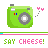 Green camera icon with gray lens and red/blue dots, emitting pink hearts, repeated in above 'SAY CHEESE!' text