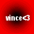 Red circular background with black gradient center, white text 'vince' and heart symbol on each quadrant.