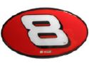 Red oval-shaped icon with a large white number 8 featuring black and red accents, set against a plain background.