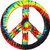 A circular peace symbol with a rainbow gradient border and multicolored internal sections on white background.