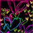 Pixelated animation with swirling pink, green, blue, and purple lines on black background, featuring yellow and orange floral shapes and white text 'SLJEDY' in right