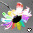 A colorful pixelated icon with a central black oval surrounded by multicolored petals and two small hearts at the bottom, one white and one red.