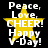Yellow star with white text 'Peace, Love, CHEER! Happy V-Day!' on black background, displayed in four identical