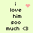 Pixelated text reads "i love him sooo much <3" on a light green background with pink heart and starburst animations.