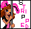 Pixel art of a woman with brown hair and blue eyes holding a pole, wearing black top and pink skirt, with 'STRIPED' text in vertical