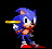Pixelated blue hedgehog character with red shoes and white gloves holds a yellow ring in four sequential poses against black background.