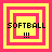 Four square display 'SOFTBALL' text with exclamation marks, each featuring nested pink and yellow squares in varying configurations