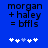 Blue background with black text reading 'morgan + haley = bffls' and five white plus symbols below, one of which is light blue in the second frame.