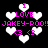 Pixelated icon with pink text and white hearts on black background, repeating 'I LOVE JAKEY-POO!!' phrases across two of heart symbols