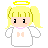 Pixelated angel icon with yellow halo, blonde pigtails, white dress, and pink bow tie on gray background.