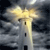 A static image of a tall, narrow tower with a glowing yellow top against a dark, cloudy sky.