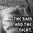 A grayscale circular icon with a textured background displays the text "THE RAIN AND THE NIGHT." in pixelated font, where each frame shows sequential color changes to the word "RAIN" and "NIGHT."