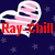 Dark blue background with light purple stars, three pink and white striped heart shapes outlined in white, red text "Ray-Chill" overlaid.