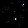 Animated starburst pattern with multicolored X-shaped pixels on black background, varying in size and color across frames.