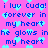 Pixelated text on a bright pink background with light blue hearts scattered throughout, repeating phrases about loving 'Cuda' and glowing in the heart.