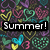 Pixelated image with colorful heart shapes and a black banner displaying 'Summer!' in white text.