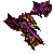 Animated contact sheet showing five sequential frames of a pixelated character with purple wings and pink accents against gray background.