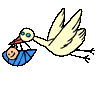 A stork carrying a baby in blue swaddling cloth, shown across with changing wing positions and body angles