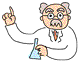 Animated cartoon of a scientist in white lab coat holding blue flask, pointing with right hand; show slight pose variation