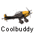 A 4x4 contact sheet of a 16-frame animated icon showing a small aircraft in sequential motion, with repeated text "Coolbuddy" below each frame on a gray transparent background.