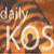 Pixelated static image with stylized text 'dailykos' in white outline against warm orange-brown gradient background.