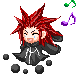 Pixel art character with spiky red hair and black cloak, crying with tears, surrounded by floating musical notes and dark stones.