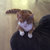 A pixelated image shows a small animal with brown and white fur resting on a dark surface against a light background.
