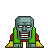 Pixelated character with gray helmet, green vest, red sleeves, yellow boots, and a wide toothy grin against plain background.