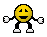 Pixelated yellow circular character with black limbs and white shoes, displaying multiple facial expressions