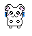 Pixel art hamster with pink inner ears, blue shoulder accents, and two circular body spots on gray background.
