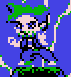 A 4x3 contact sheet of a pixel art animation featuring a green-haired character in various poses on a blue background with gray vertical dividers between frames.