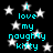 Black background with white stars and cyan text reading "i love my naughty kitty" repeated in a pattern