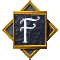 Five identical square icons with gold borders and diamond-shaped gray accents, each displaying a white stylized 'F' on a dark textured background.