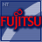 Fujitsu logo animation with red text fading to white on blue background with 'NT' in top-left corner.